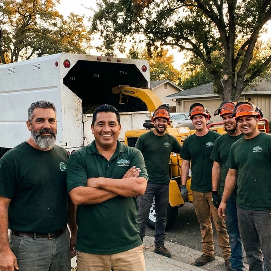 Tree service owner and crew with chip truck on a Sacramento street